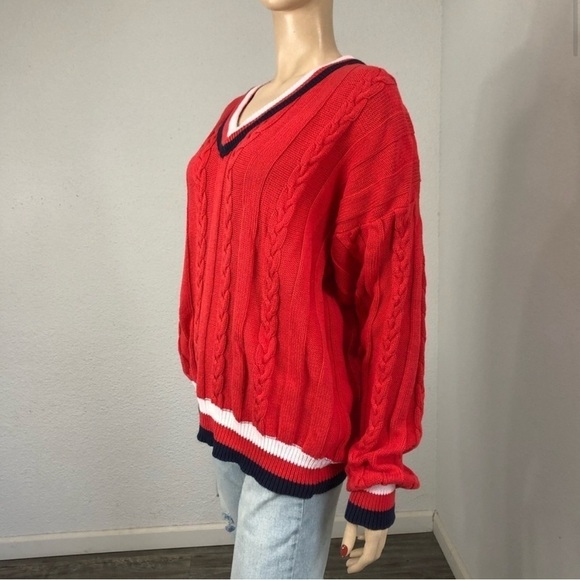 Vintage THE FOX Collection V-neck knit sweater long sleeve cotton red,white - Picture 4 of 16